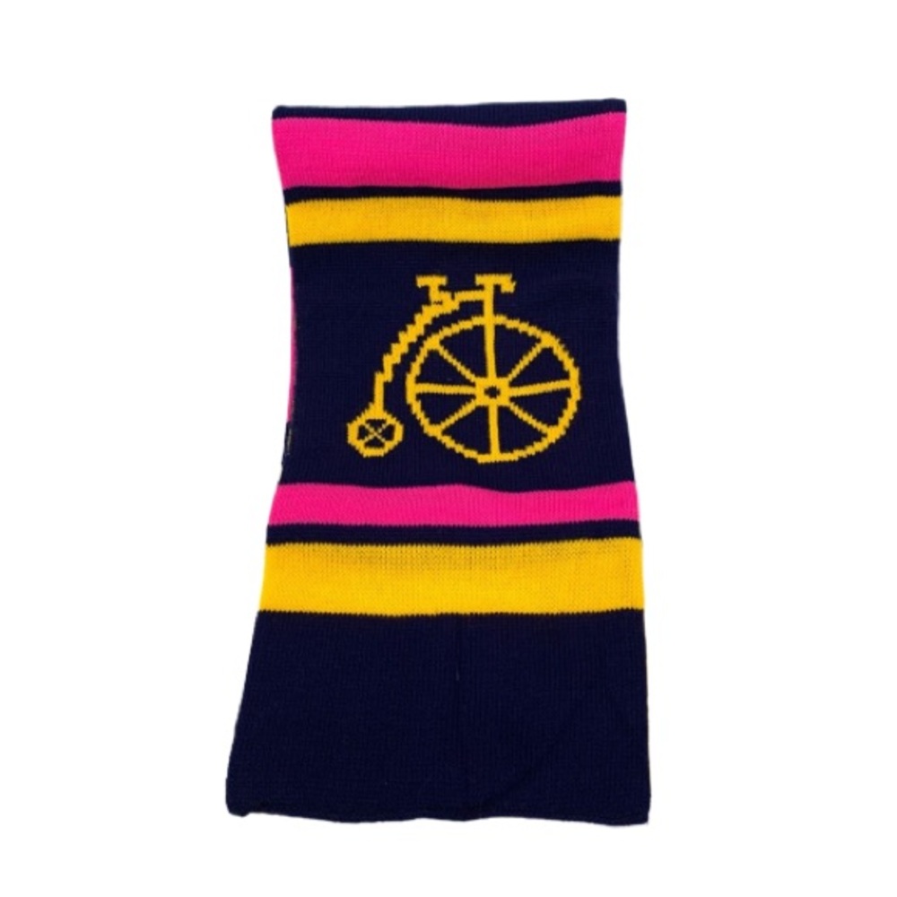Rare Vintage High Wheel Bicycle Print Striped Spring Knit Scarf Navy Pink Yellow